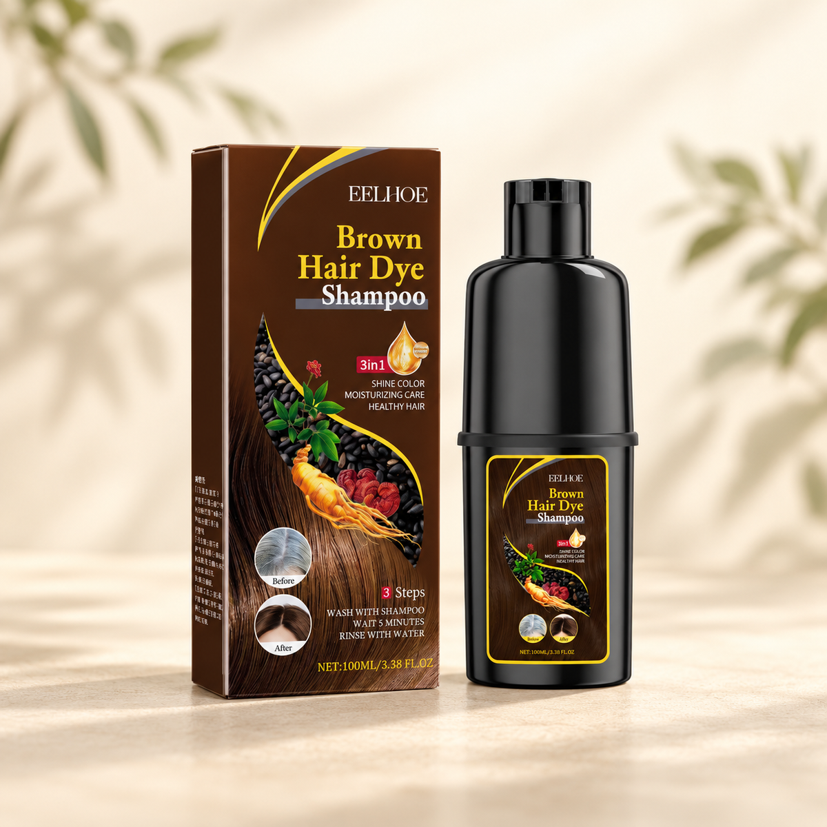 Coffee Brown Hair Color Shampoo — 100 ml — product packaging on a botanical tabletop