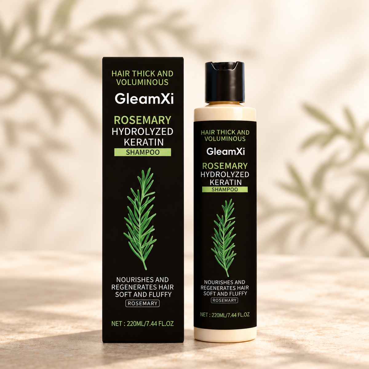 Rosemary & Keratin Volumizing Shampoo — 220 ml — product packaging on a botanical tabletop